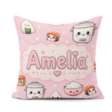 Custom Name Kawaii Sushi Rice Cooker Bowl Blush Pink Background Square Filled Cushion Throw Pillow Sofa Bed Home Decor Zip Washable UK Made