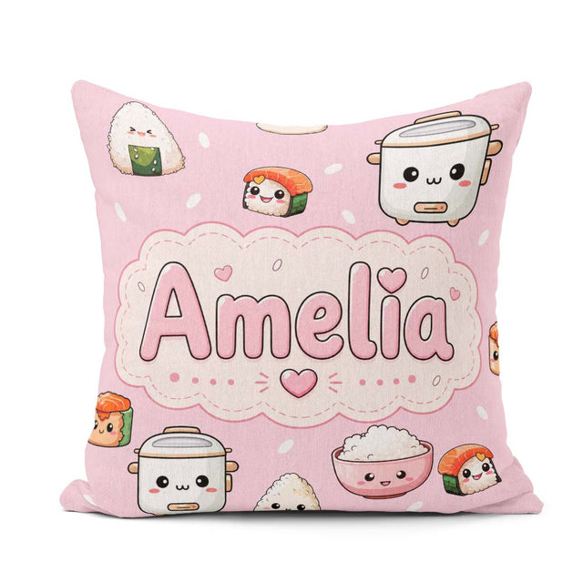 Custom Name Kawaii Sushi Rice Cooker Bowl Blush Pink Background Square Filled Cushion Throw Pillow Sofa Bed Home Decor Zip Washable UK Made