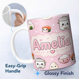 Personalized Custom Name Cute Kawaii Sushi Rice Cooker Bowl Blush Pink Background Seamless 11oz Ceramic Coffee Tea Mug White Large Handle