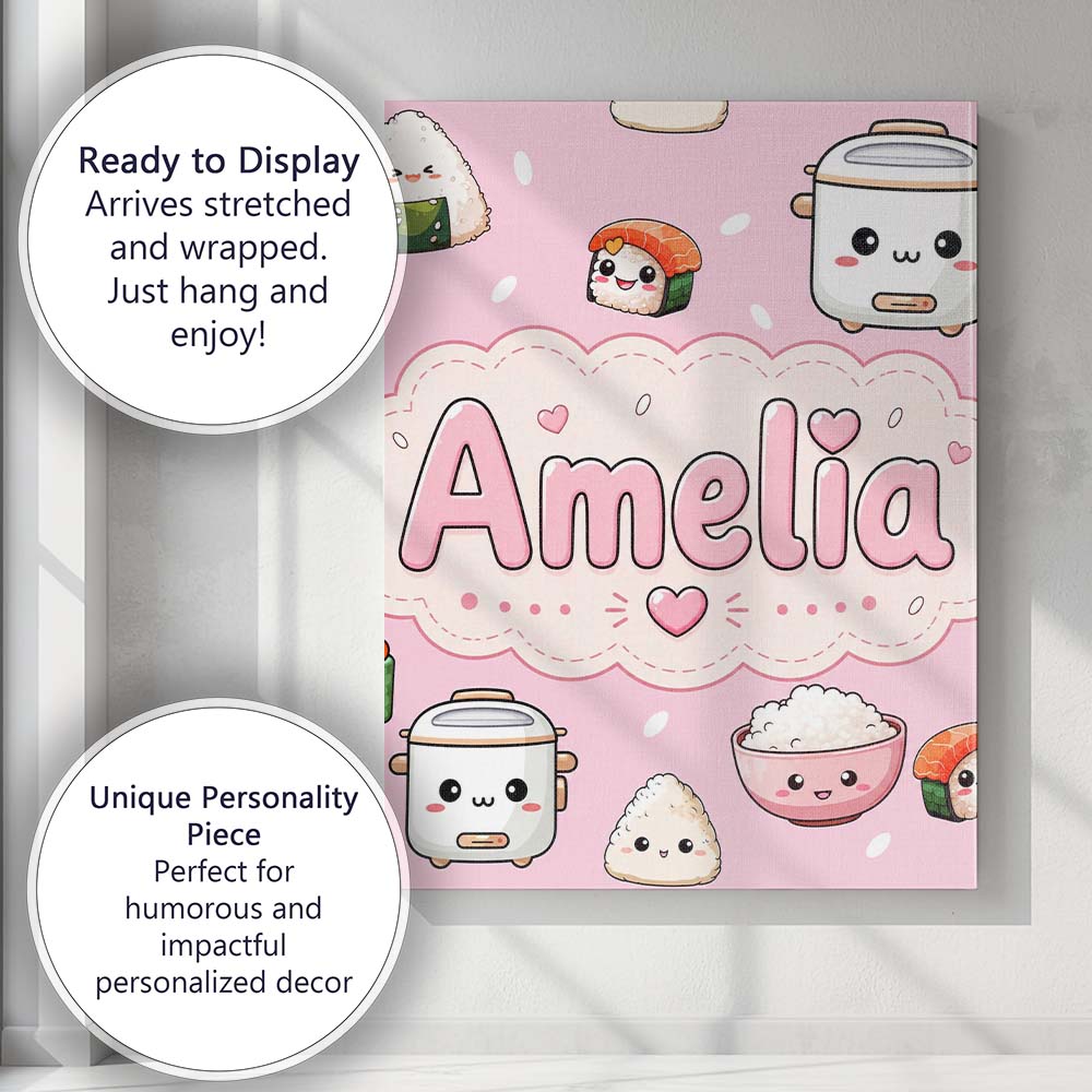 Personalised Name Cute Kawaii Sushi Rice Custom  Unique Gift Idea Elegant Feature Canvas Wall Art Print Decor Picture Ready to Hang