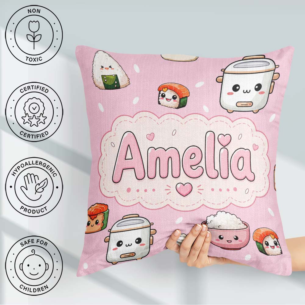 Custom Name Kawaii Sushi Rice Cooker Bowl Blush Pink Background Square Filled Cushion Throw Pillow Sofa Bed Home Decor Zip Washable UK Made