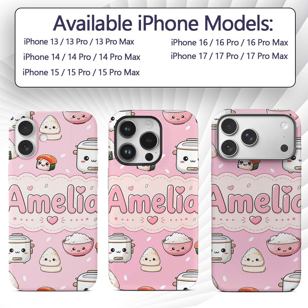 Cute Kawaii Sushi Rice Cooker Bowl Blush Pink Custom Name Protective Phone Case Mobile Cover Durable Everyday Smartphone Shock Resistant