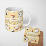 Personalized Custom Name Cute Kawaii Sushi Rice Cooker Bowl Warm Beige Background Seamless 11oz Ceramic Coffee Tea Mug White Large Handle