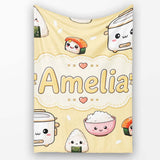 Cute Kawaii Sushi Rice Cooker Bowl Warm Beige Background Seamless  Personalised Custom Name Super Soft Fleece Blanket Bed Sofa Throw