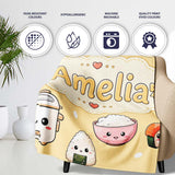 Cute Kawaii Sushi Rice Cooker Bowl Warm Beige Background Seamless  Personalised Custom Name Super Soft Fleece Blanket Bed Sofa Throw
