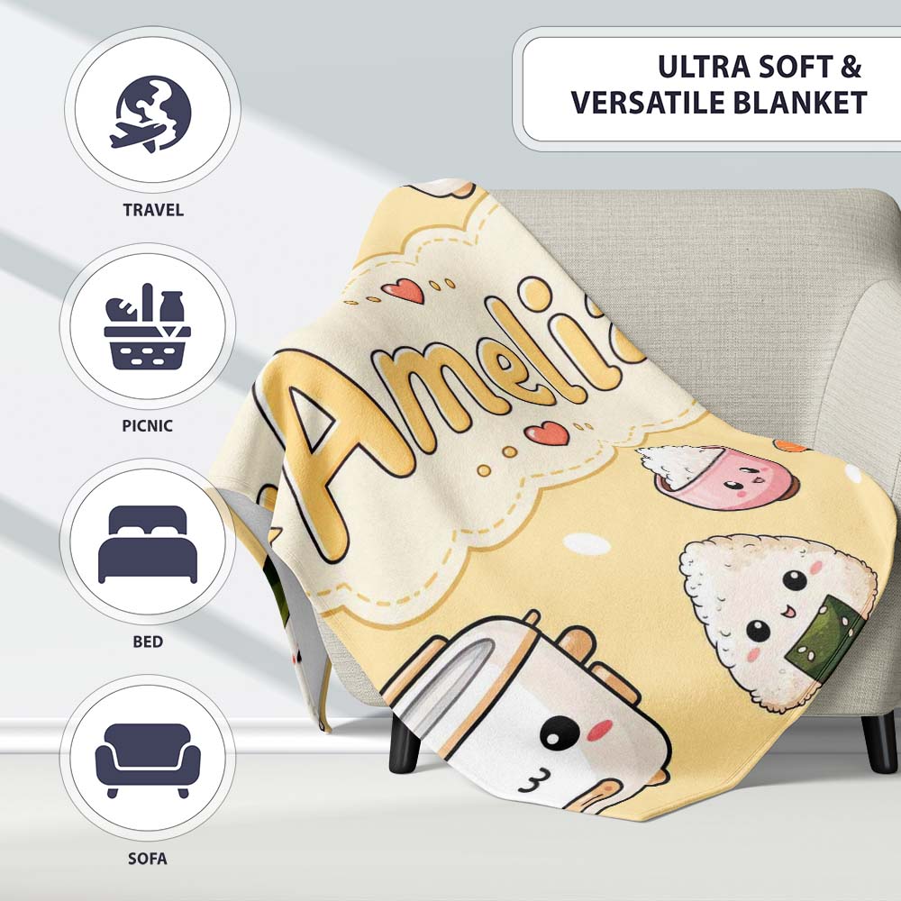 Cute Kawaii Sushi Rice Cooker Bowl Warm Beige Background Seamless  Personalised Custom Name Super Soft Fleece Blanket Bed Sofa Throw