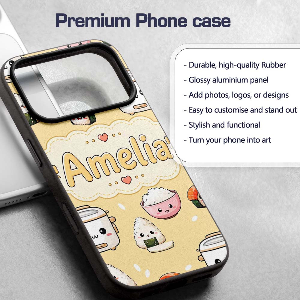 Cute Kawaii Sushi Rice Cooker Bowl Warm Beige Custom Name Protective Phone Case Mobile Cover Durable Everyday Smartphone Shock Resistant
