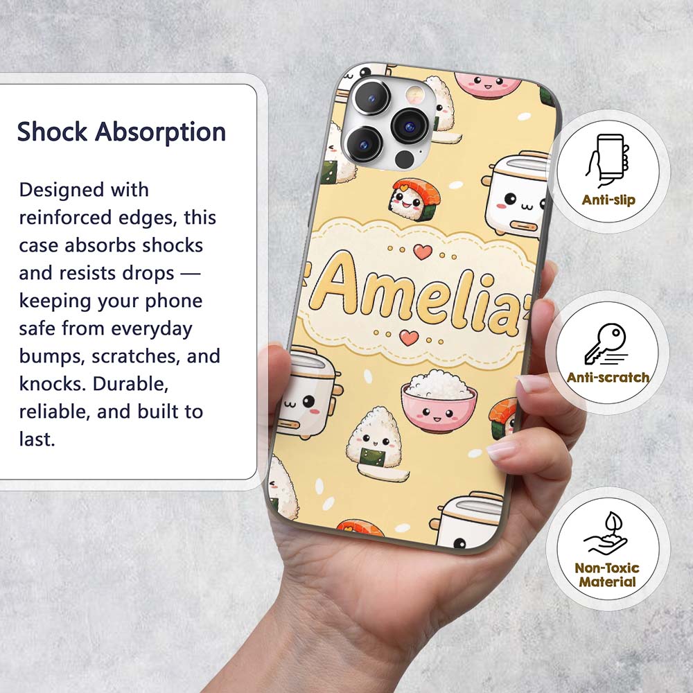 Cute Kawaii Sushi Rice Cooker Bowl Warm Beige Custom Name Protective Phone Case Mobile Cover Durable Everyday Smartphone Shock Resistant