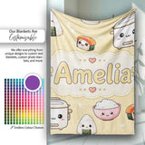 Cute Kawaii Sushi Rice Cooker Bowl Warm Beige Background Seamless  Personalised Custom Name Super Soft Fleece Blanket Bed Sofa Throw