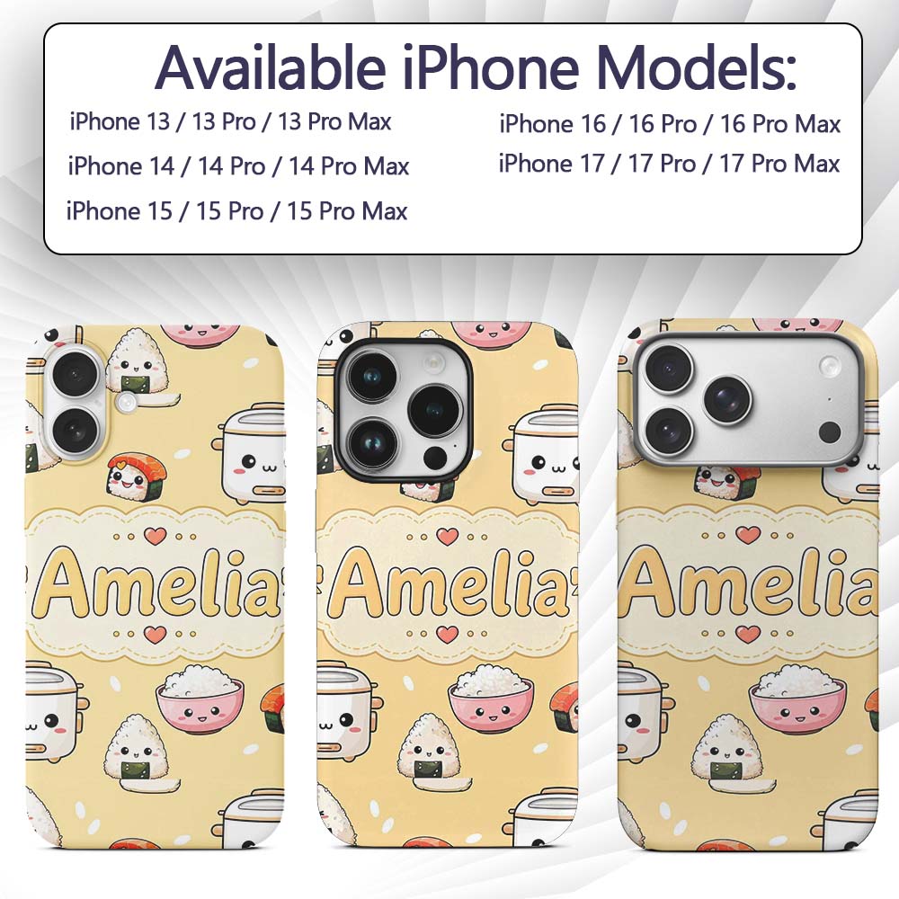 Cute Kawaii Sushi Rice Cooker Bowl Warm Beige Custom Name Protective Phone Case Mobile Cover Durable Everyday Smartphone Shock Resistant