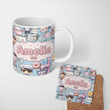 Personalized Custom Name Cute Kawaii Baking Kitchen Girl Mixer Utensils Blue Background 11oz Ceramic Coffee Tea Mug White Large Handle
