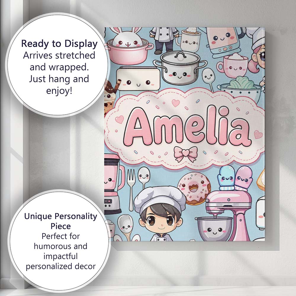 Personalised Name Cute Kawaii Baking Girl Custom  Unique Gift Idea Elegant Feature Canvas Wall Art Print Decor Picture Ready to Hang