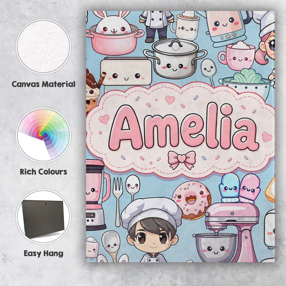 Personalised Name Cute Kawaii Baking Girl Custom  Unique Gift Idea Elegant Feature Canvas Wall Art Print Decor Picture Ready to Hang