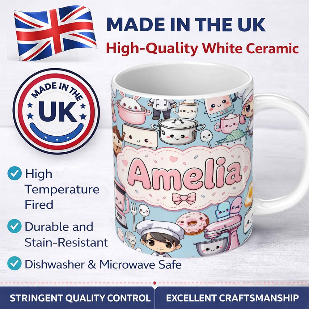 Personalized Custom Name Cute Kawaii Baking Kitchen Girl Mixer Utensils Blue Background 11oz Ceramic Coffee Tea Mug White Large Handle
