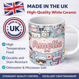Personalized Custom Name Cute Kawaii Baking Kitchen Girl Mixer Utensils Blue Background 11oz Ceramic Coffee Tea Mug White Large Handle