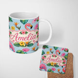 Personalized Custom Name Tropical Flamingo with Hibiscus Flowers and Leaves Blue Background 11oz Ceramic Coffee Tea Mug White Large Handle