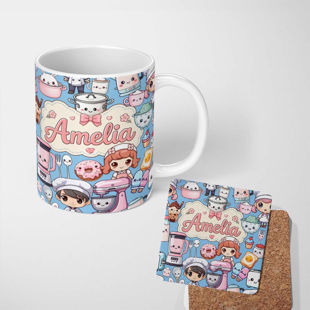 Personalized Custom Name Kawaii Baking Kitchen Girl Mixer Utensils Sky Blue Seamless Pattern 11oz Ceramic Coffee Tea Mug White Large Handle