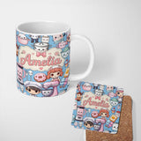 Personalized Custom Name Kawaii Baking Kitchen Girl Mixer Utensils Sky Blue Seamless Pattern 11oz Ceramic Coffee Tea Mug White Large Handle