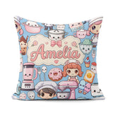 Custom Name Kawaii Girl Mixer Utensils Sky Blue Seamless Pattern Square Filled Cushion Throw Pillow Sofa Bed Home Decor Zip Washable UK Made