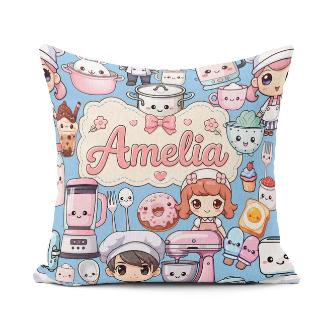 Custom Name Kawaii Girl Mixer Utensils Sky Blue Seamless Pattern Square Filled Cushion Throw Pillow Sofa Bed Home Decor Zip Washable UK Made