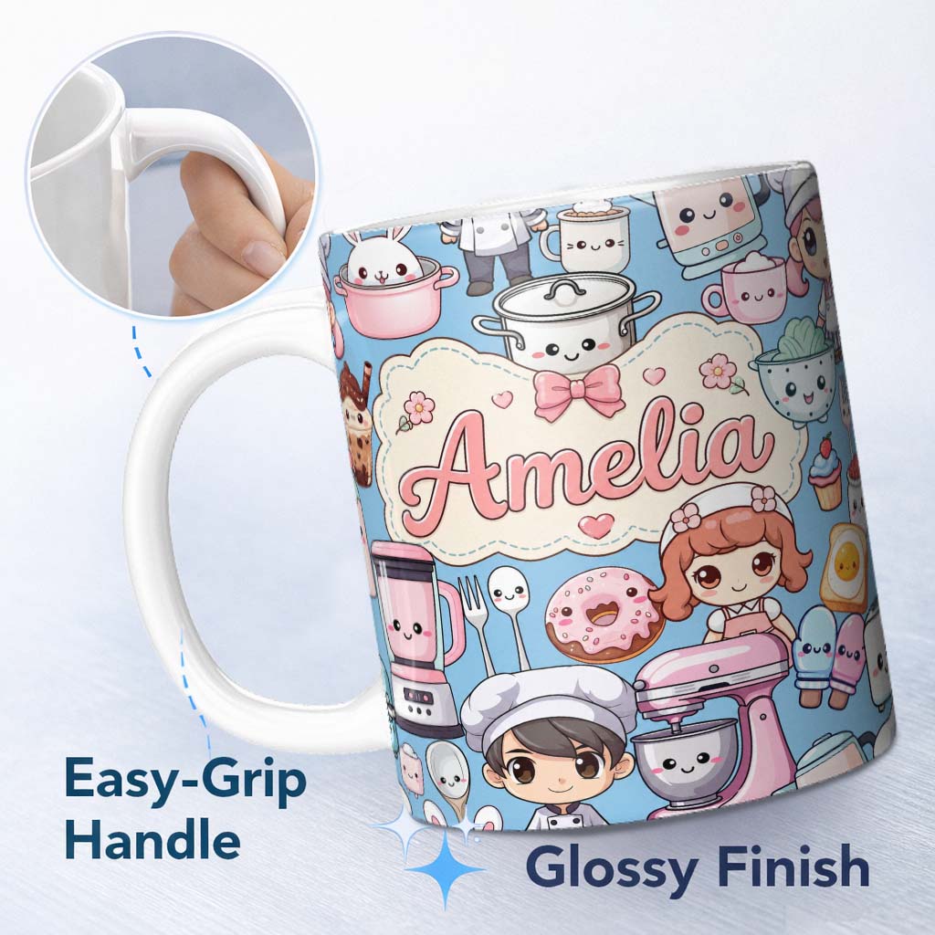 Personalized Custom Name Kawaii Baking Kitchen Girl Mixer Utensils Sky Blue Seamless Pattern 11oz Ceramic Coffee Tea Mug White Large Handle
