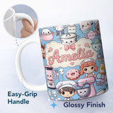 Personalized Custom Name Kawaii Baking Kitchen Girl Mixer Utensils Sky Blue Seamless Pattern 11oz Ceramic Coffee Tea Mug White Large Handle
