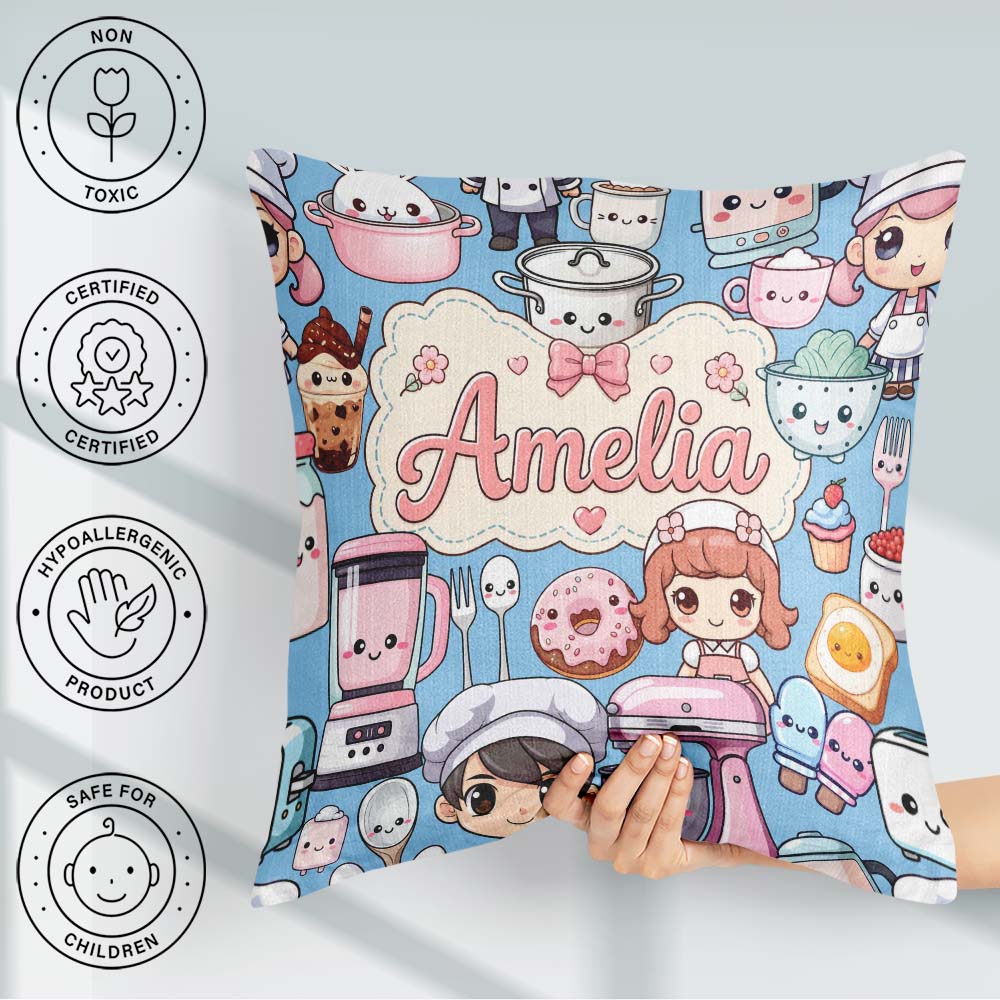 Custom Name Kawaii Girl Mixer Utensils Sky Blue Seamless Pattern Square Filled Cushion Throw Pillow Sofa Bed Home Decor Zip Washable UK Made