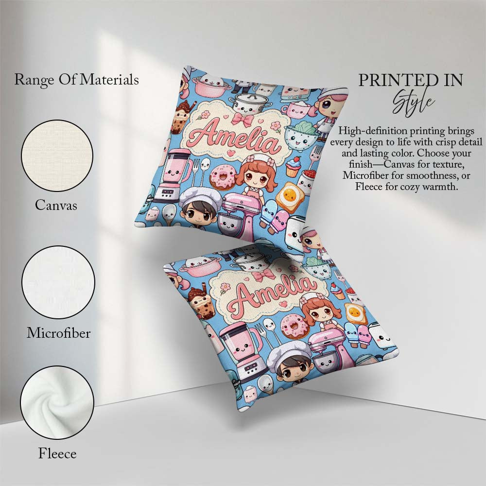 Custom Name Kawaii Girl Mixer Utensils Sky Blue Seamless Pattern Square Filled Cushion Throw Pillow Sofa Bed Home Decor Zip Washable UK Made