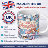 Personalized Custom Name Kawaii Baking Kitchen Girl Mixer Utensils Sky Blue Seamless Pattern 11oz Ceramic Coffee Tea Mug White Large Handle