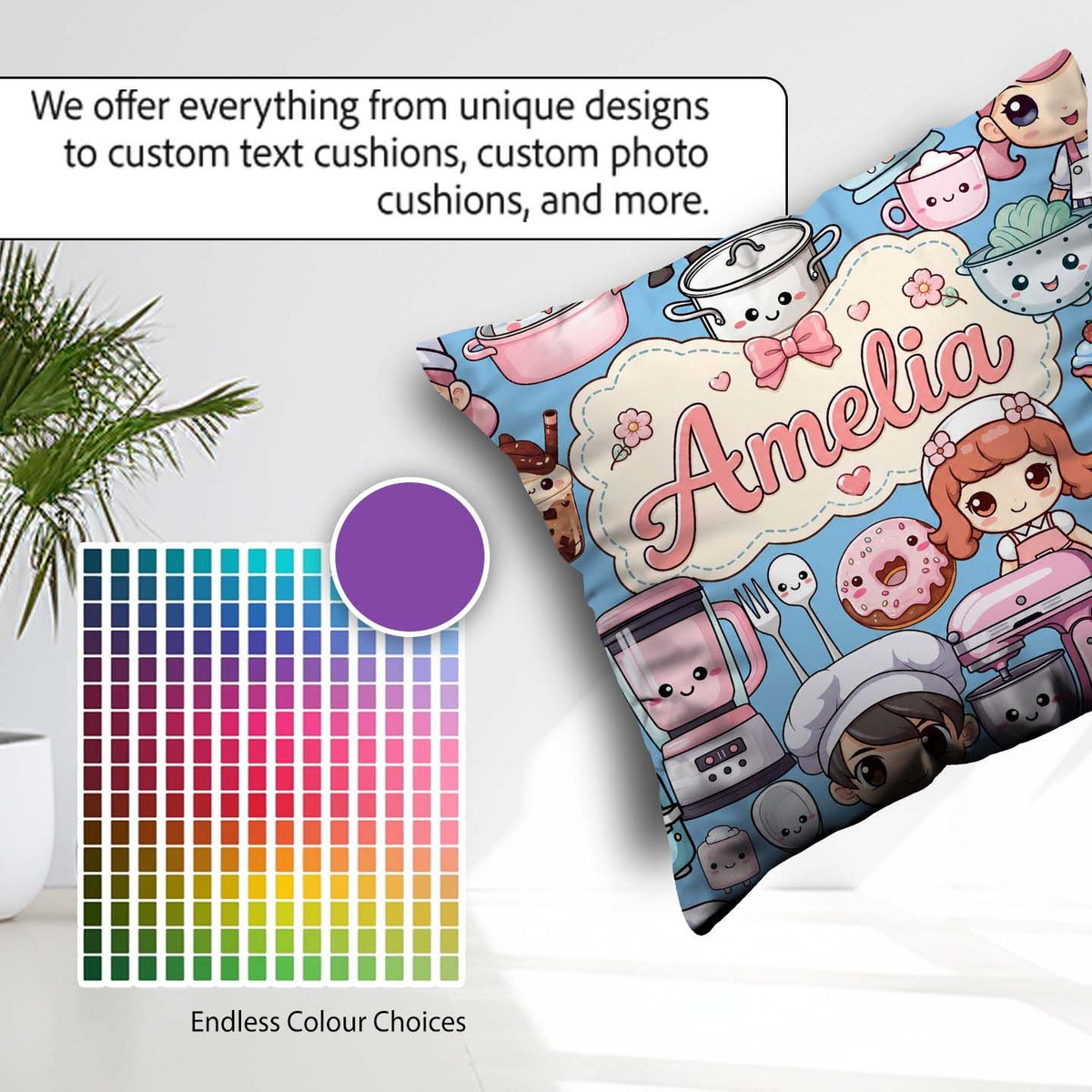 Custom Name Kawaii Girl Mixer Utensils Sky Blue Seamless Pattern Square Filled Cushion Throw Pillow Sofa Bed Home Decor Zip Washable UK Made