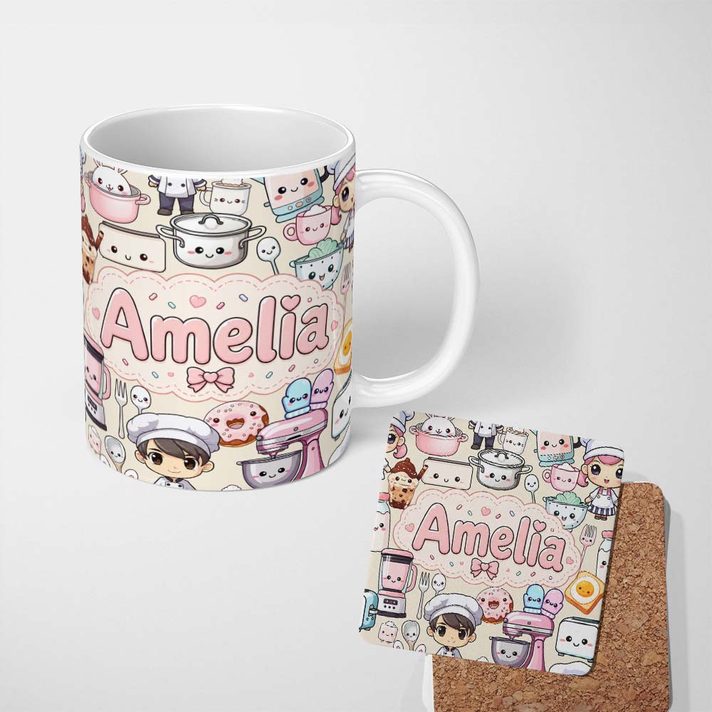 Personalized Custom Name Cute Kawaii Baking Girl Kitchen Appliances Utensils Cream 11oz Ceramic Coffee Tea Mug White Large Handle