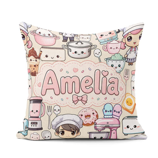Custom Name Cute Kawaii Baking Girl Appliances Utensils Cream Square Filled Cushion Throw Pillow Sofa Bed Home Decor Zip Washable UK Made