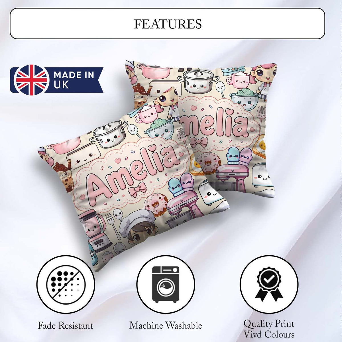 Custom Name Cute Kawaii Baking Girl Appliances Utensils Cream Square Filled Cushion Throw Pillow Sofa Bed Home Decor Zip Washable UK Made