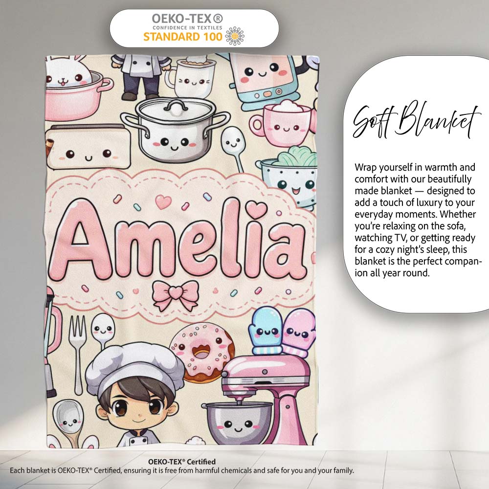 Cute Kawaii Baking Girl  Appliances Utensils Cream  Personalised Custom Name Super Soft Fleece Blanket Bed Sofa Throw