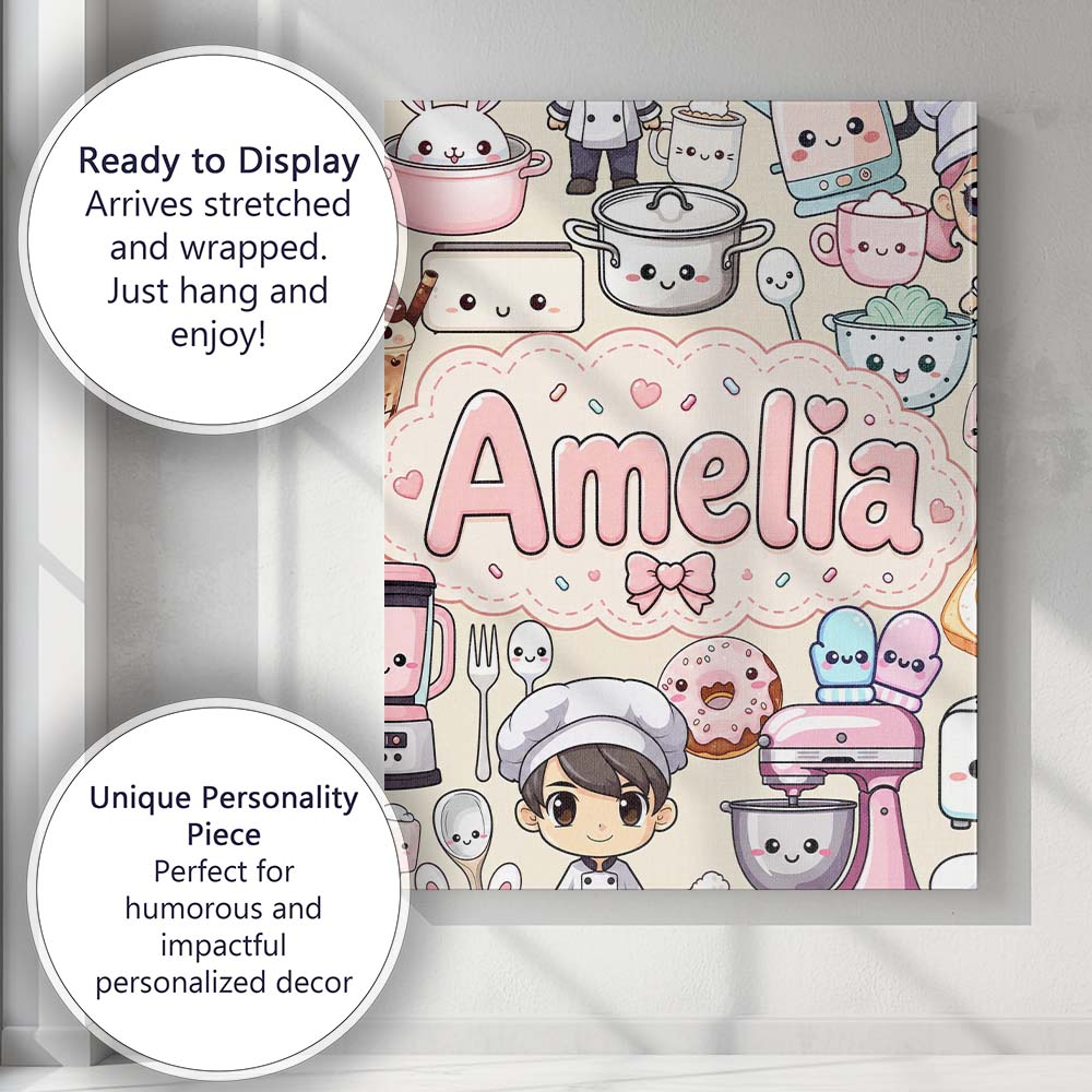 Personalised Name Cute Kawaii Baking Girl Custom  Unique Gift Idea Elegant Feature Canvas Wall Art Print Decor Picture Ready to Hang