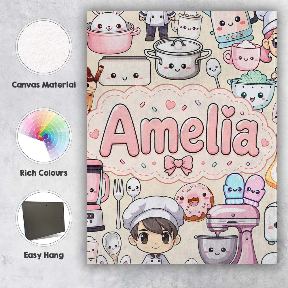 Personalised Name Cute Kawaii Baking Girl Custom  Unique Gift Idea Elegant Feature Canvas Wall Art Print Decor Picture Ready to Hang
