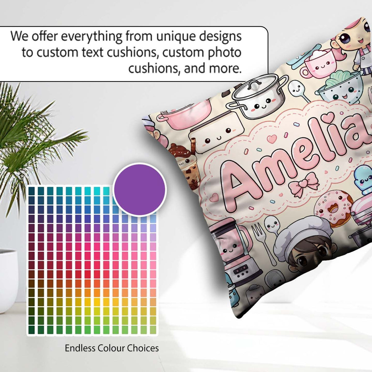 Custom Name Cute Kawaii Baking Girl Appliances Utensils Cream Square Filled Cushion Throw Pillow Sofa Bed Home Decor Zip Washable UK Made