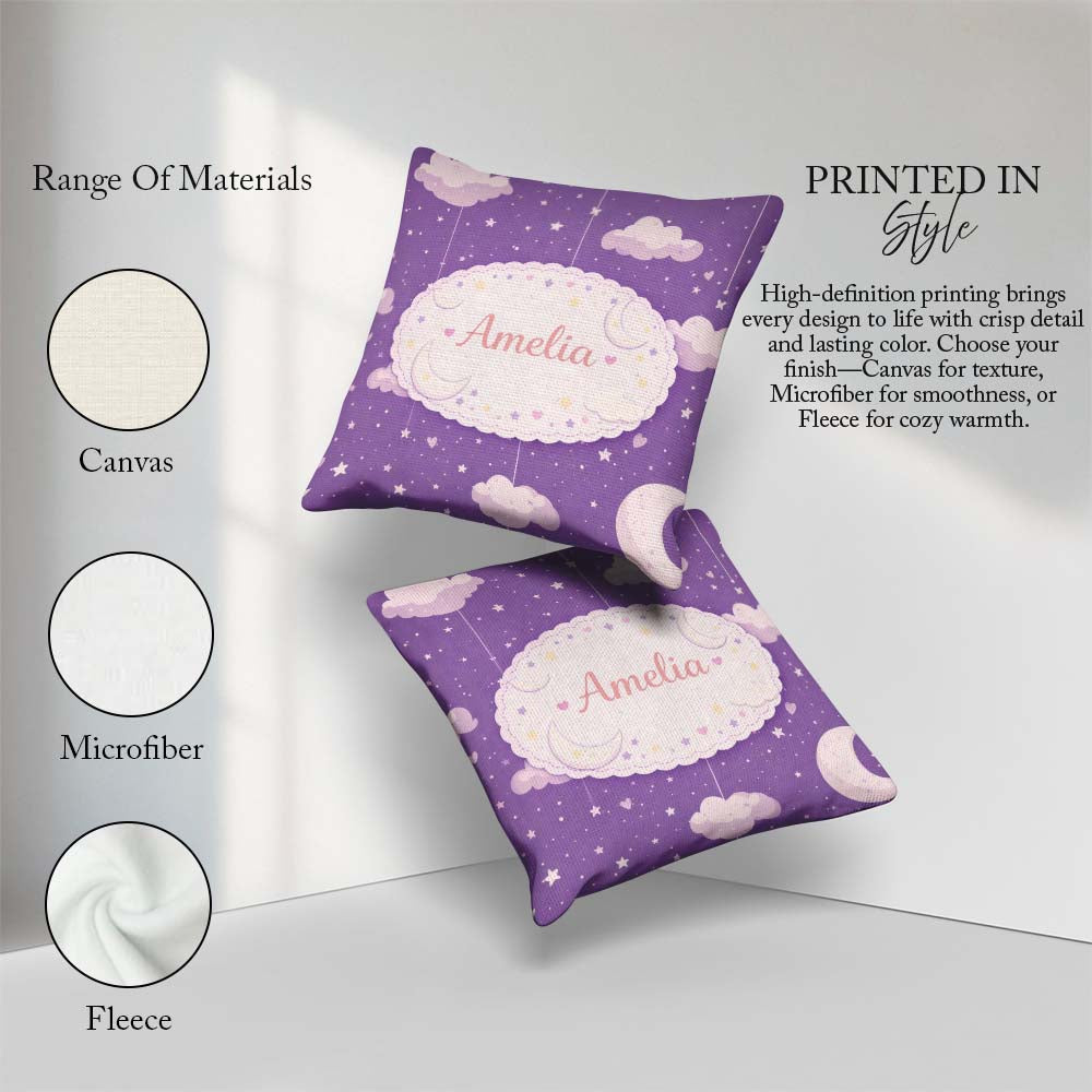 Custom Name Purple Night Sky Moon Hanging Stars Seamless Pattern Square Filled Cushion Throw Pillow Sofa Bed Home Decor Zip Washable UK Made