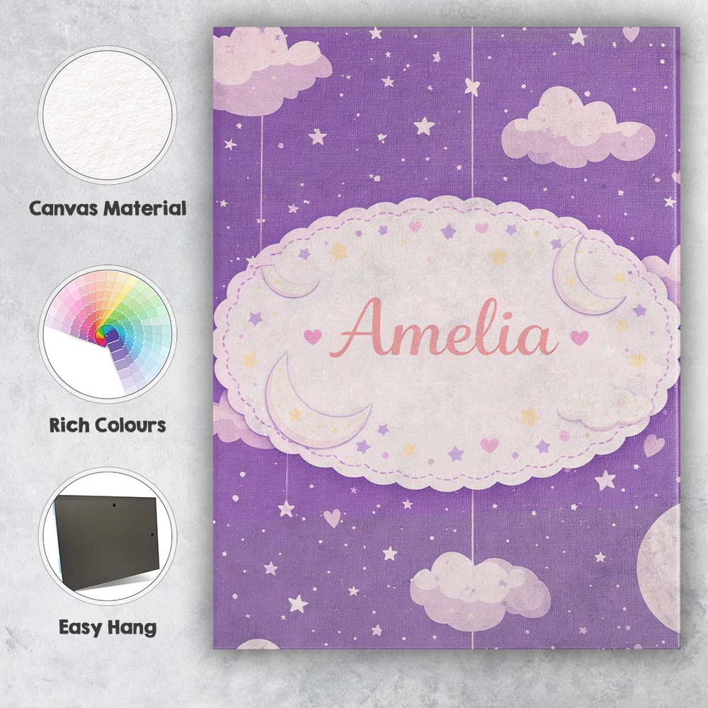 Personalised Name Purple Night Sky Moon Hanging Stars Cute Seamless Custom Canvas Wall Art Print Decor Picture Ready to Hang