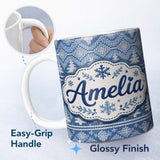Personalized Custom Name Cute Blue Knitted Winter Heart Snowflake Nordic Seamless Pattern 11oz Ceramic Coffee Tea Mug White Large Handle