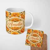Personalized Custom Name Bold Orange Poppy Floral Seamless Pattern Vintage Botanical Bloom 11oz Ceramic Coffee Tea Mug White Large Handle