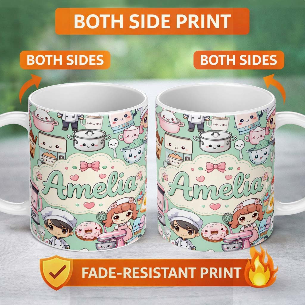 Personalized Custom Name Cute Kawaii Baking Girl Kitchen Appliances Utensils Mint Background 11oz Ceramic Coffee Tea Mug White Large Handle