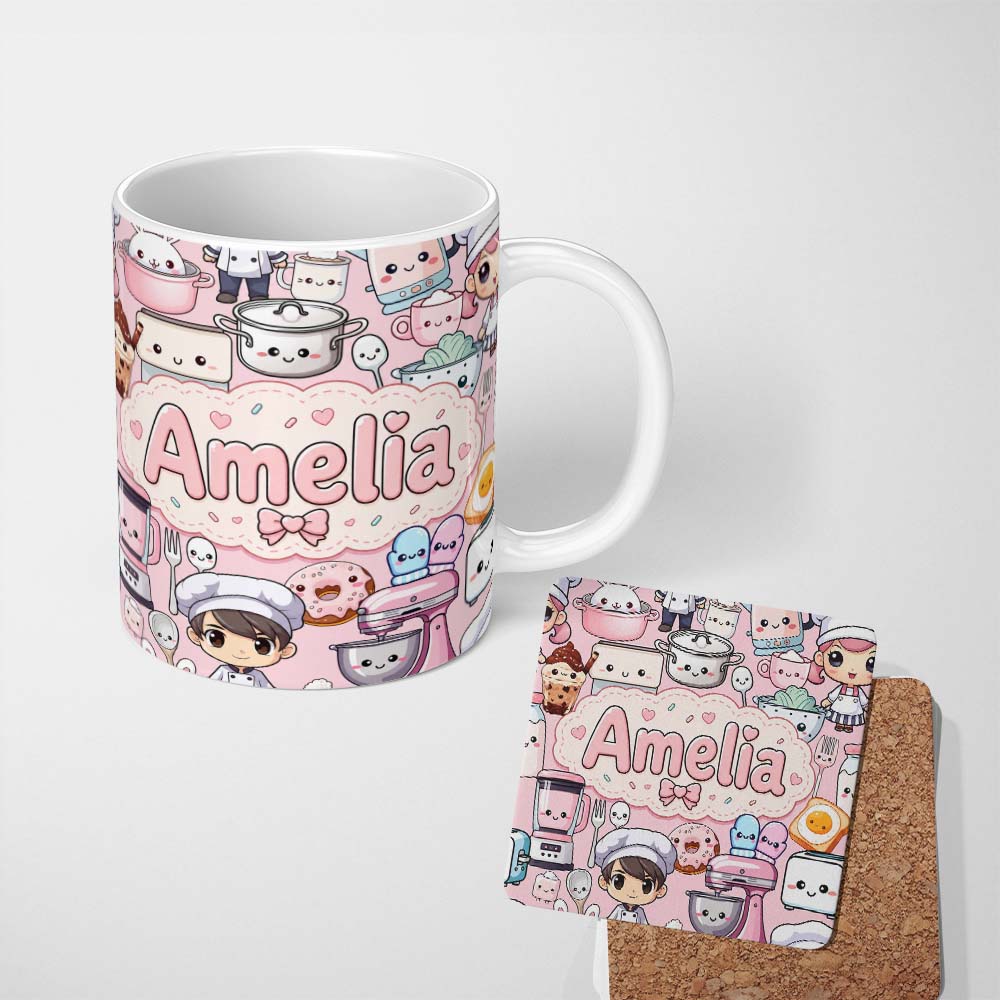 Personalized Custom Name Cute Kawaii Baking Girl Kitchen Appliances Utensils Soft Pink 11oz Ceramic Coffee Tea Mug White Large Handle