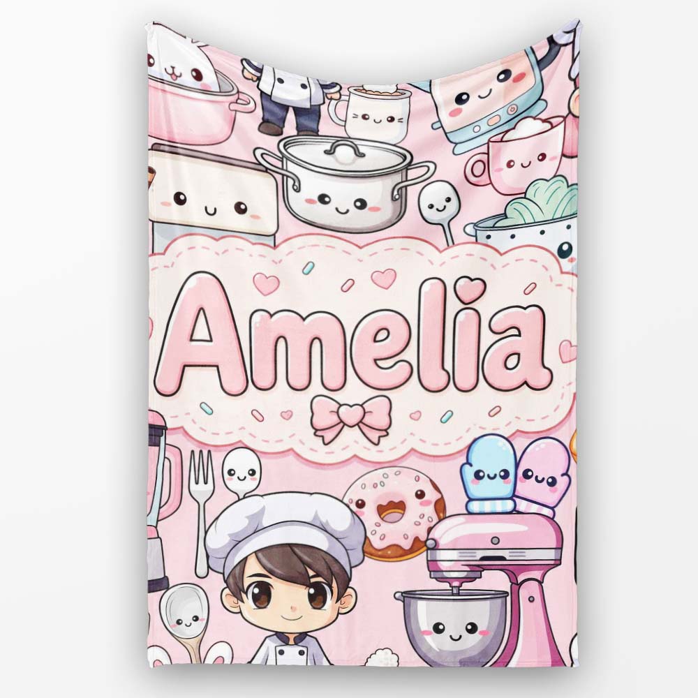 Cute Kawaii Baking Girl  Appliances Utensils Soft Pink  Personalised Custom Name Super Soft Fleece Blanket Bed Sofa Throw
