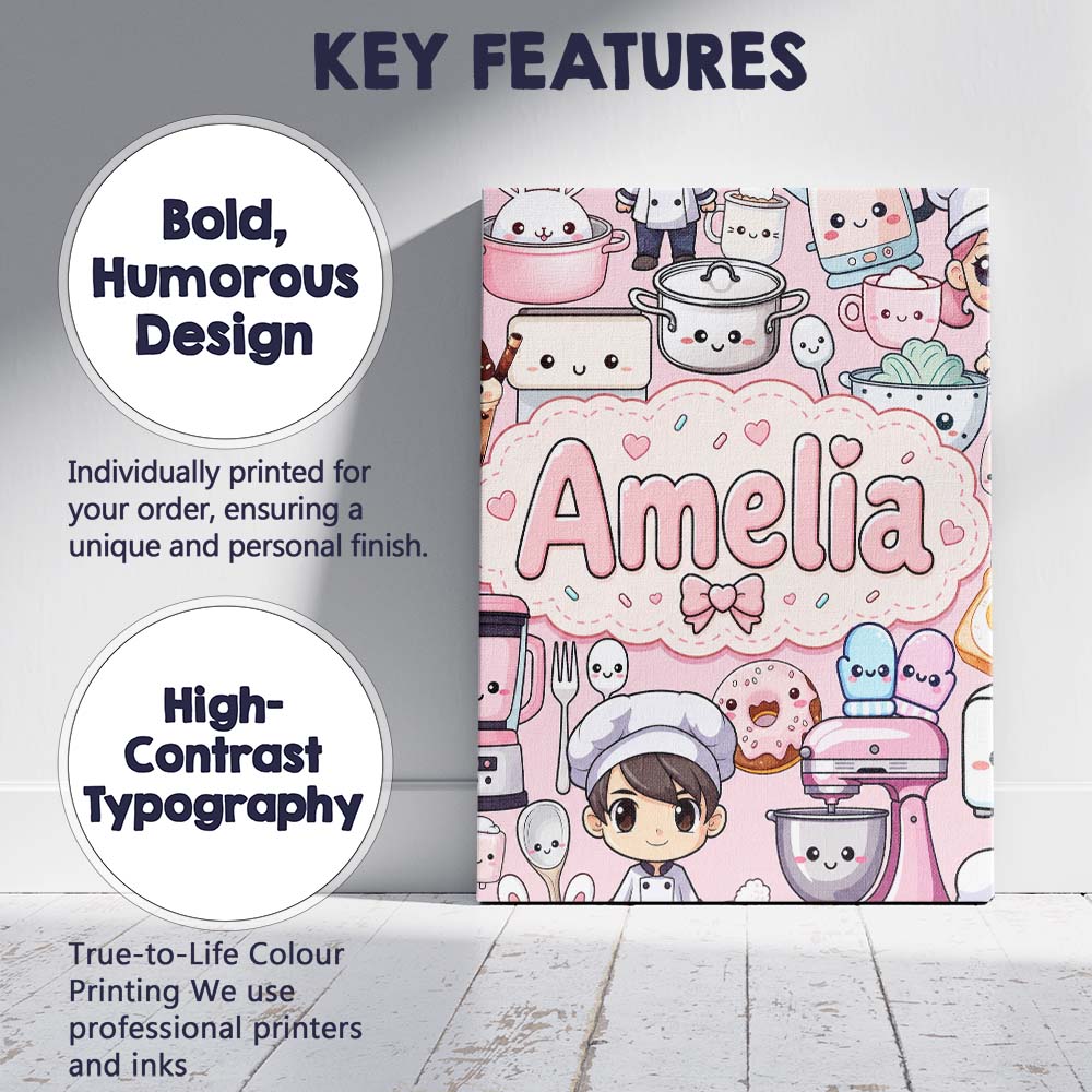 Personalised Name Cute Kawaii Baking Girl Custom  Unique Gift Idea Elegant Feature Canvas Wall Art Print Decor Picture Ready to Hang