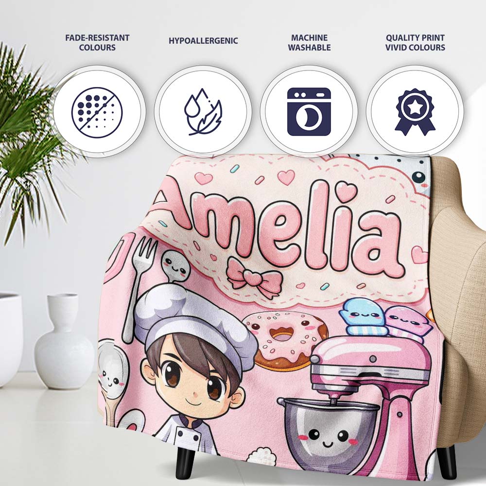 Cute Kawaii Baking Girl  Appliances Utensils Soft Pink  Personalised Custom Name Super Soft Fleece Blanket Bed Sofa Throw