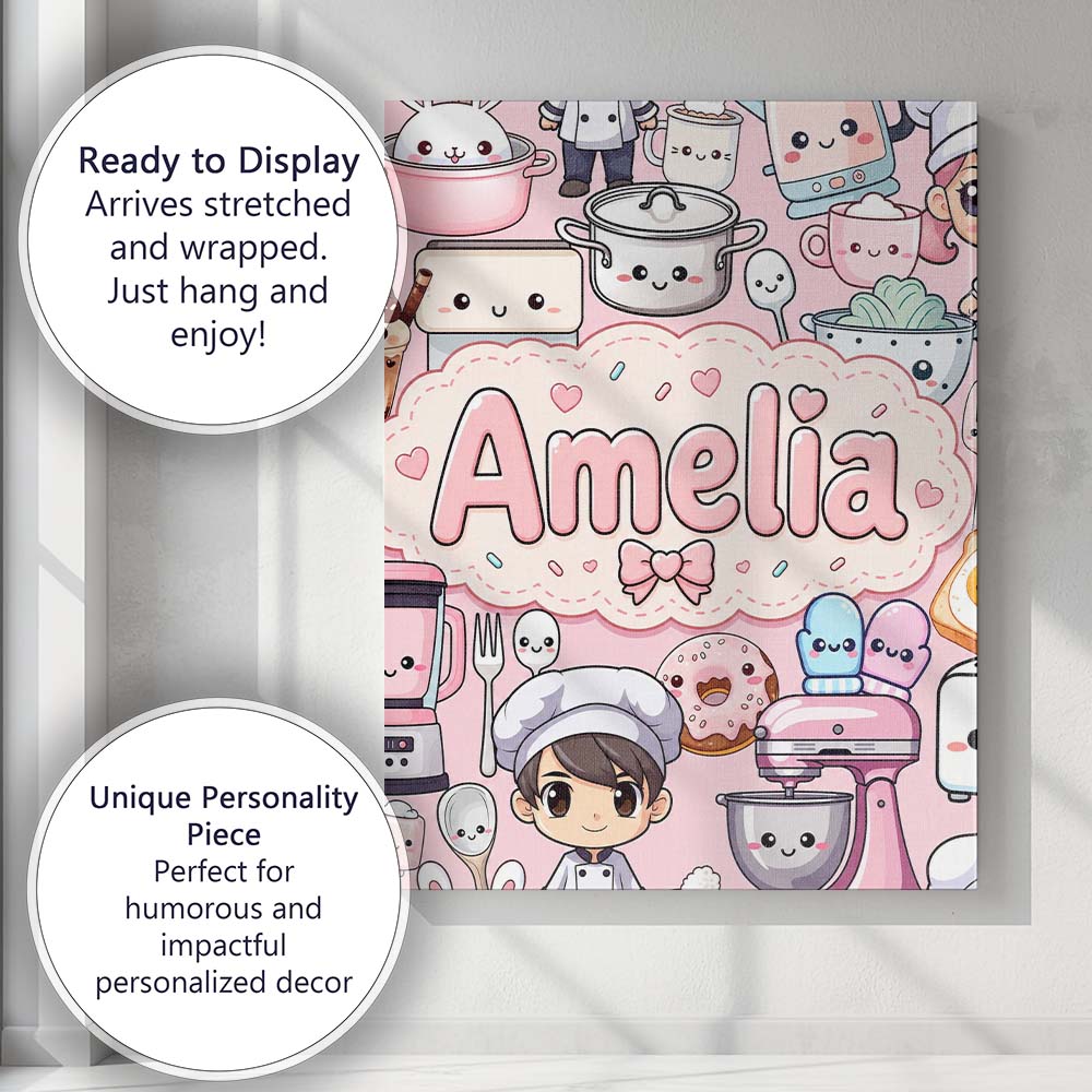 Personalised Name Cute Kawaii Baking Girl Custom  Unique Gift Idea Elegant Feature Canvas Wall Art Print Decor Picture Ready to Hang