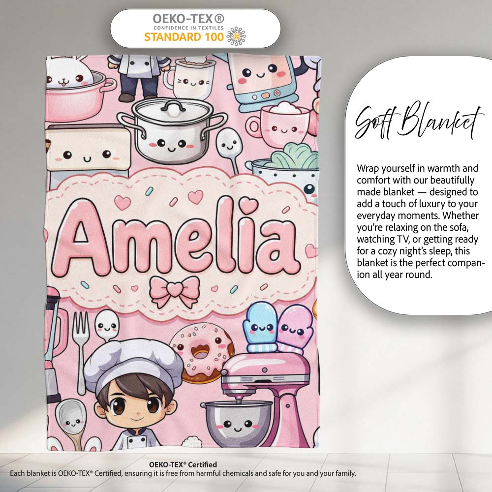 Cute Kawaii Baking Girl  Appliances Utensils Soft Pink  Personalised Custom Name Super Soft Fleece Blanket Bed Sofa Throw