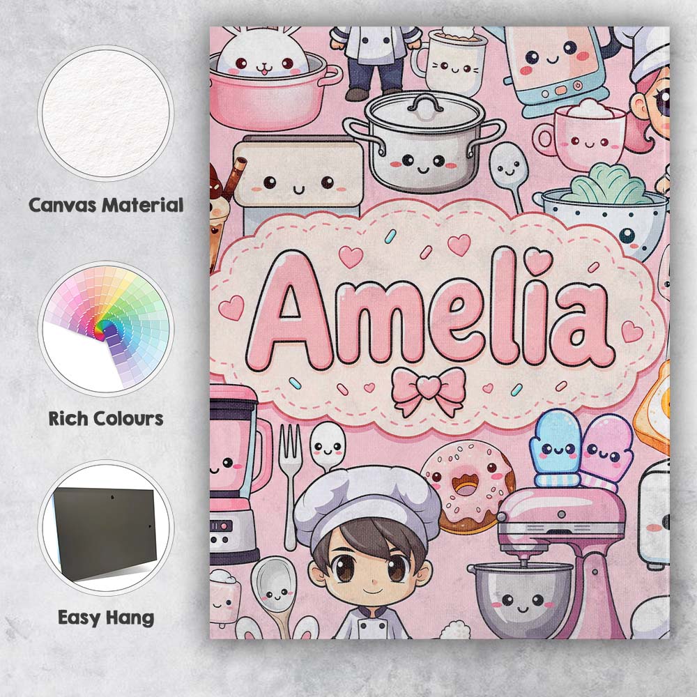 Personalised Name Cute Kawaii Baking Girl Custom  Unique Gift Idea Elegant Feature Canvas Wall Art Print Decor Picture Ready to Hang