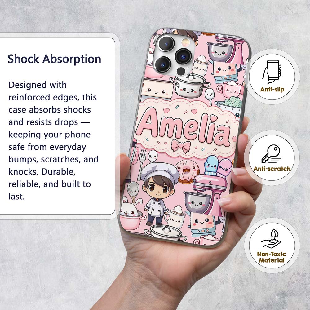 Cute Kawaii Baking Girl Appliances Utensils Soft Custom Name Protective Phone Case Mobile Cover Durable Everyday Smartphone Shock Resistant
